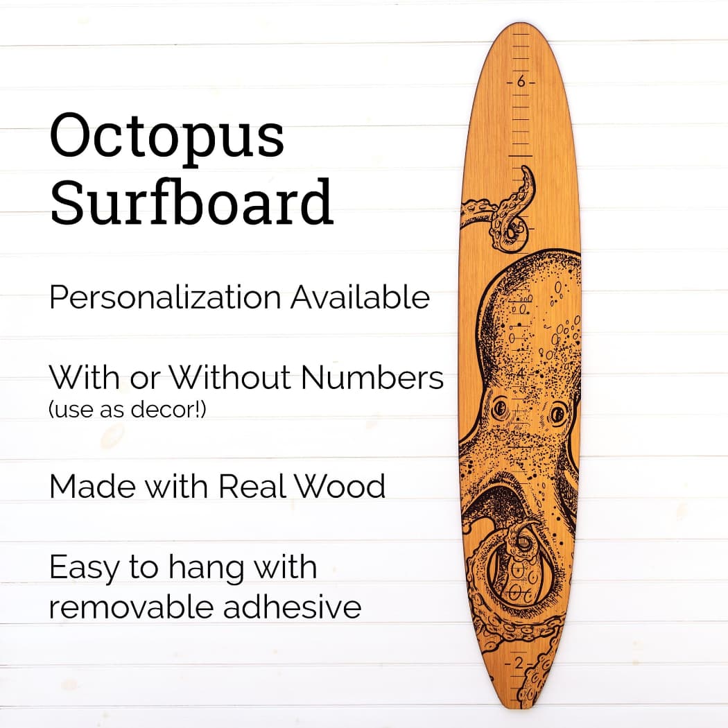 Surfboard Wall Décor Growth Chart | Octopus Wall Art Surfboard Growth Chart/ Surf Sign