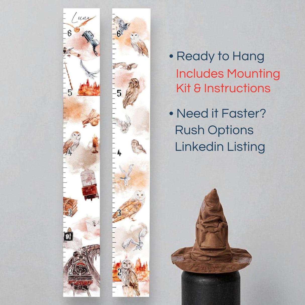 Wizard Growth Chart Personalized Magical Nursery Decor Potter Nursery Fantasy Nursery Children's Room Magical Kids Room Owl Baby Room Décor
