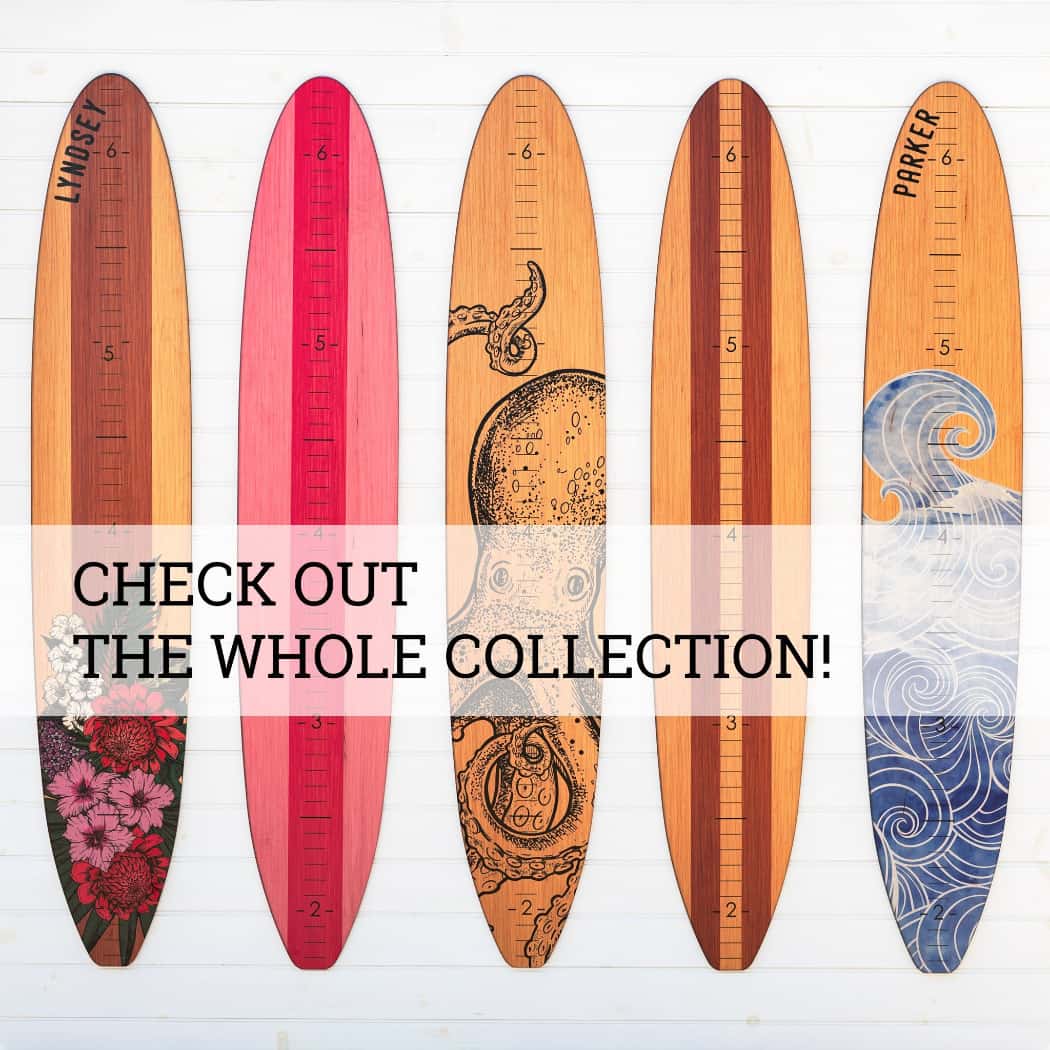 Surfboard Growth Chart | Surfing Wall Décor | Wood Stripe Longboard