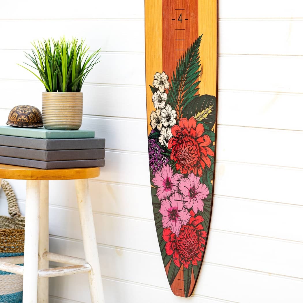 Surfboard Wall Decor Growth Chart Height Chart Floral Longboard Art Design