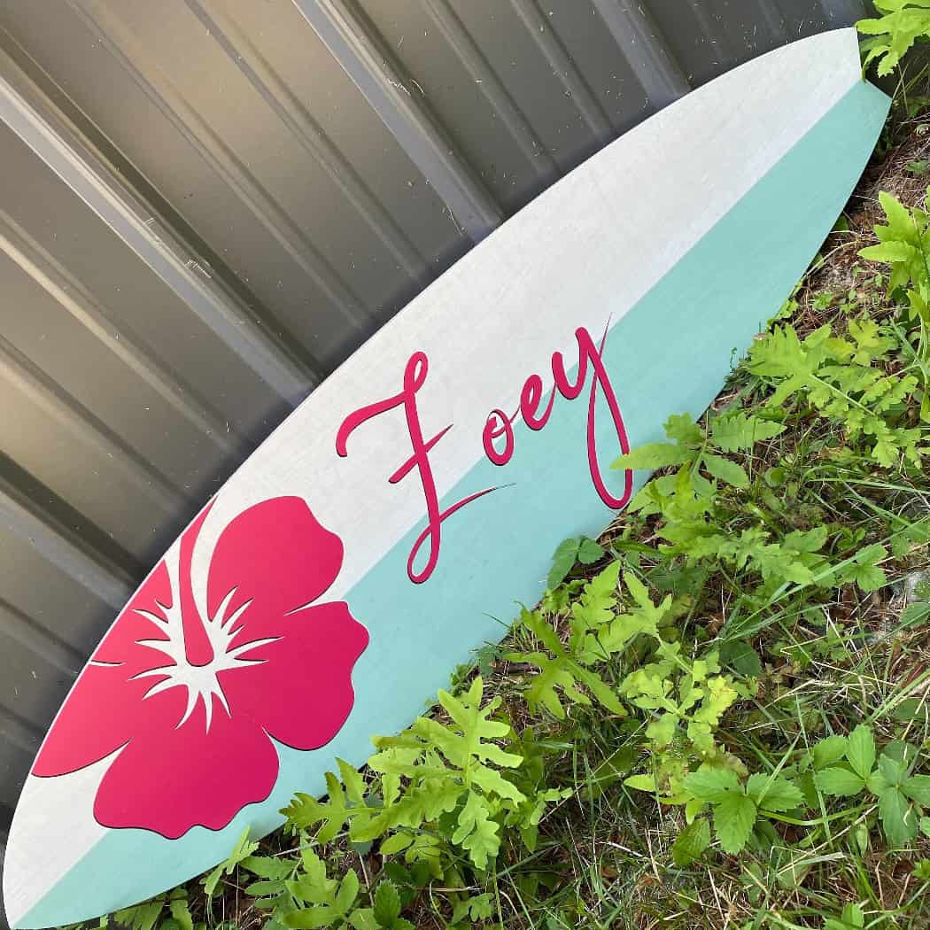 Surfboard Wall Art Name Sign | Ocean Themed Nursery | Hibiscus Wall Decor