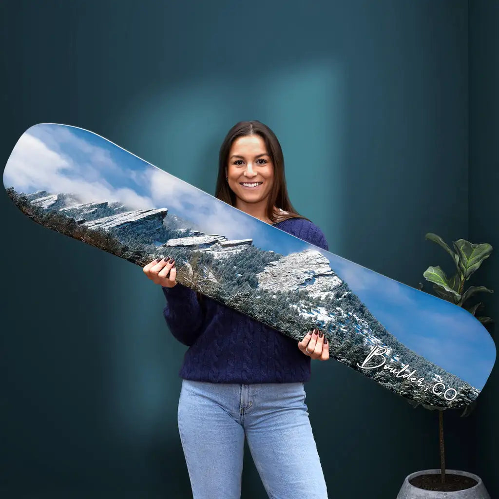 Flatirons Mountain Boulder Snowboard Print Snowboard Wall Décor Co