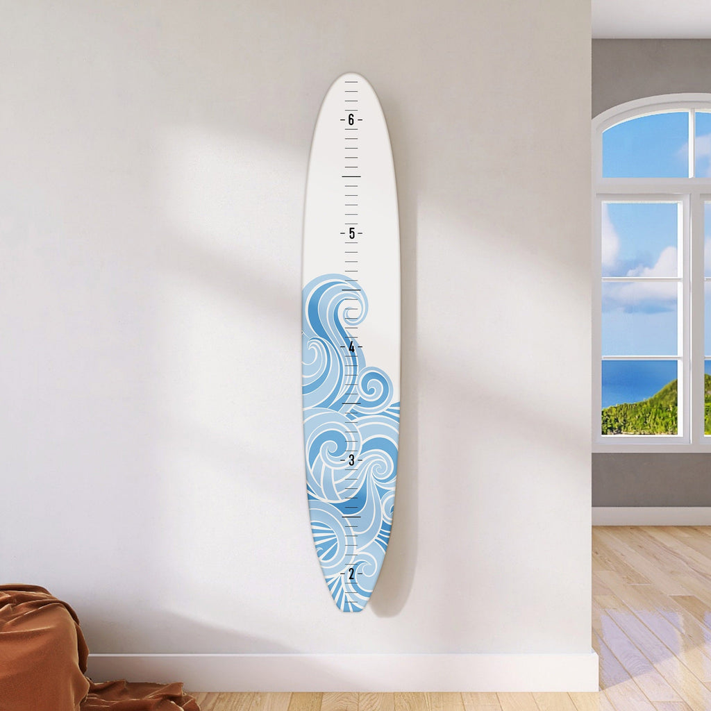 Seaside Series of Wooden Surfboard Growth Heigth Charts in White | Ocean Themed Nursery | Longboard Height Chart | Surfboard Signs Headwaters Studio White - Blue Wave Personalized 