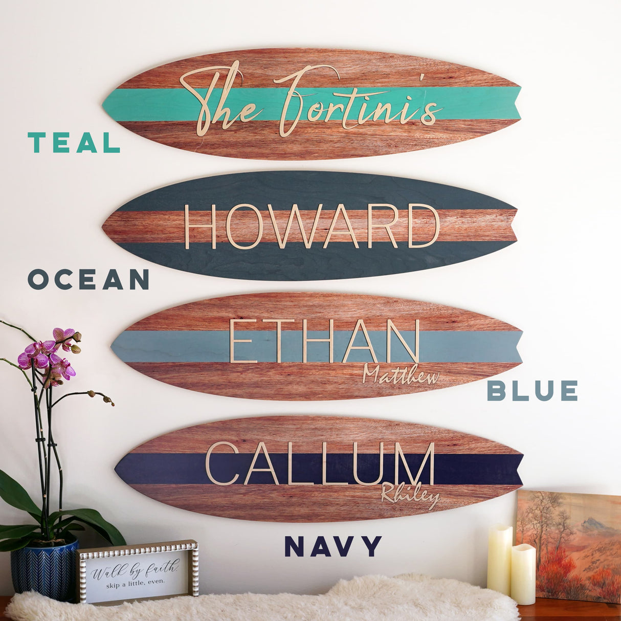Surfboard Wall Art | Surfboard Name Sign | Party Signature Board | Baby Shower Photo Prop | Light Mahogany with Stripe