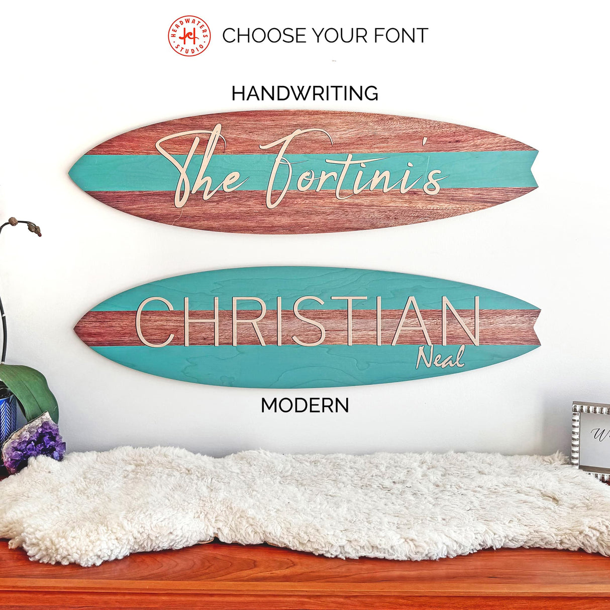 Surfboard Wall Art | Surfboard Name Sign | Party Signature Board | Baby Shower Photo Prop | Light Mahogany with Stripe
