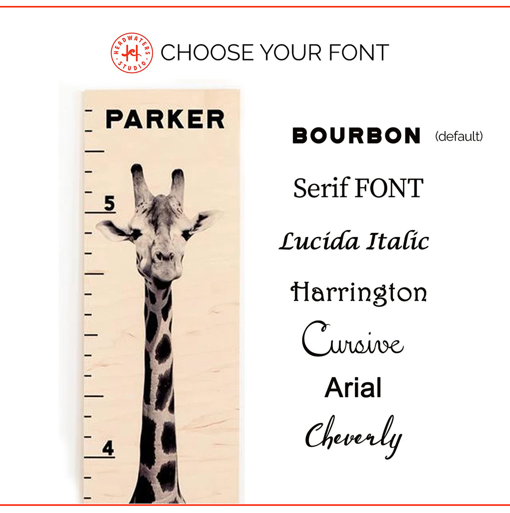  Choose the your font size for | Tall Giraffe Wooden Growth Chart in Two Design Choices