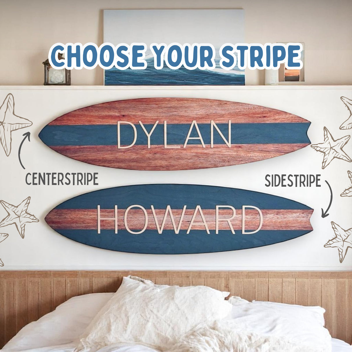 Surfboard Wall Art | Surfboard Name Sign | Party Signature Board | Baby Shower Photo Prop | Light Mahogany with Stripe
