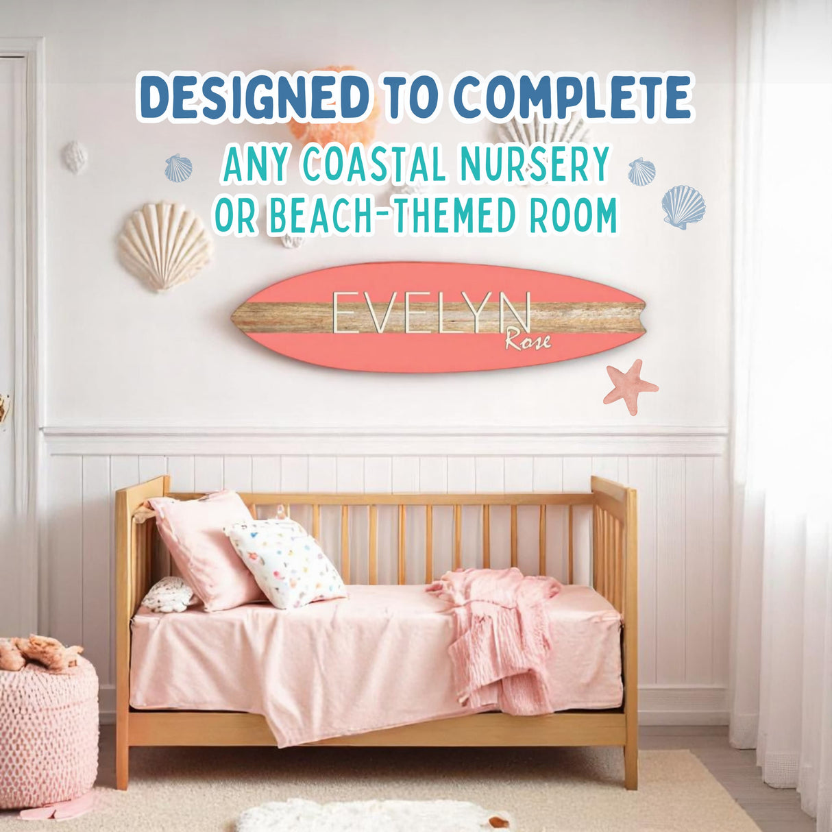 Surfboard Wall Art | Surfboard Name Sign | Party Signature Board | Baby Shower Photo Prop | Light Mahogany with Stripe
