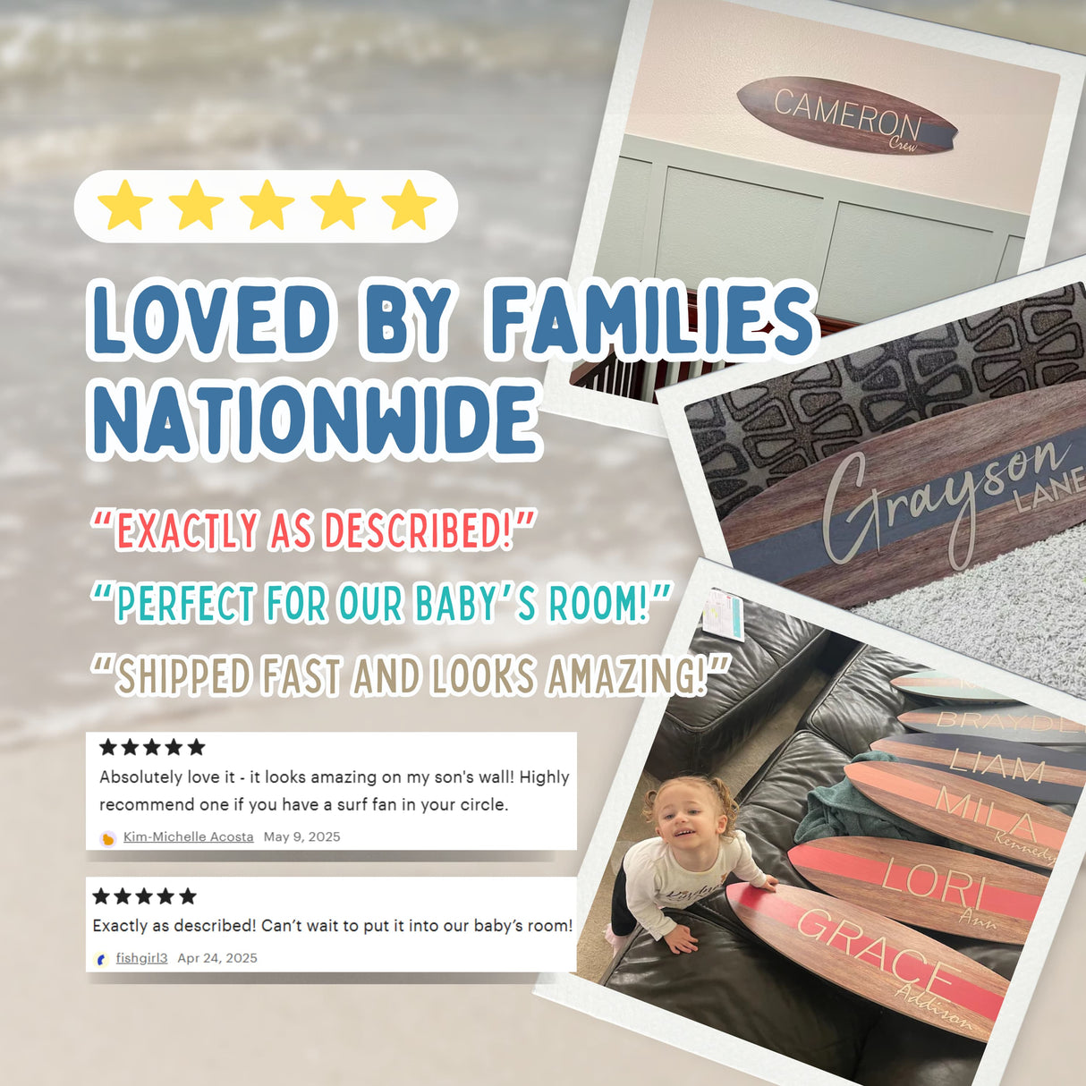 Surfboard Wall Art | Surfboard Name Sign | Party Signature Board | Baby Shower Photo Prop | Light Mahogany with Stripe