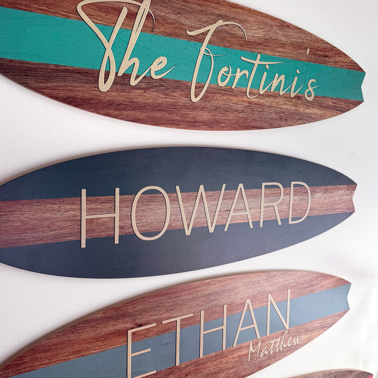 Surfboard Wall Art | Surfboard Name Sign | Party Signature Board | Baby Shower Photo Prop | Light Mahogany with Stripe