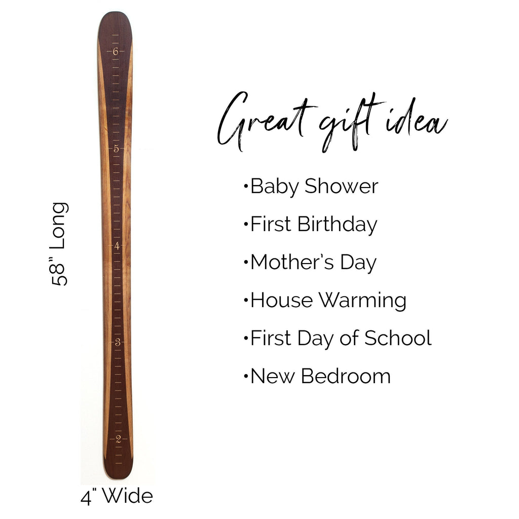 Wooden Ski Growth Chart / Kids Wood Height Chart / Personalized Child Growth Chart Baby Shower Gift Ski Decor Dark Stain Brown Headwaters Studio 