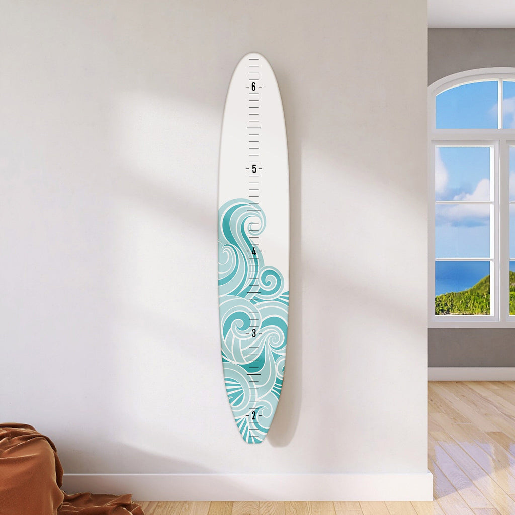 Seaside Series of Wooden Surfboard Growth Heigth Charts in White | Ocean Themed Nursery | Longboard Height Chart | Surfboard Signs Headwaters Studio White - Teal Wave Personalized 