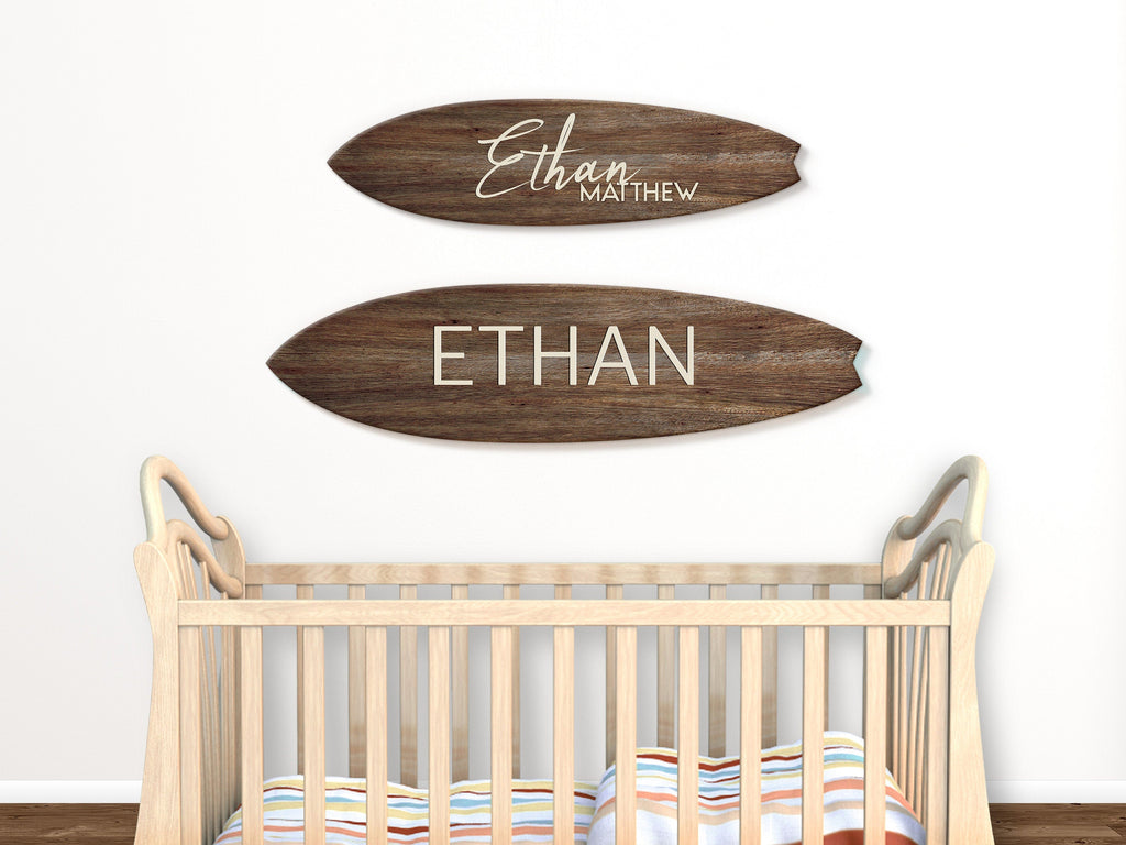 Surfboard Name Sign for Nursery or Children's Room | Wooden Surfboard | Nursery Decor | Teen Room | Beach Ocean Themed Nursery Kids Room Headwaters Studio 35" Long 3. Brown 