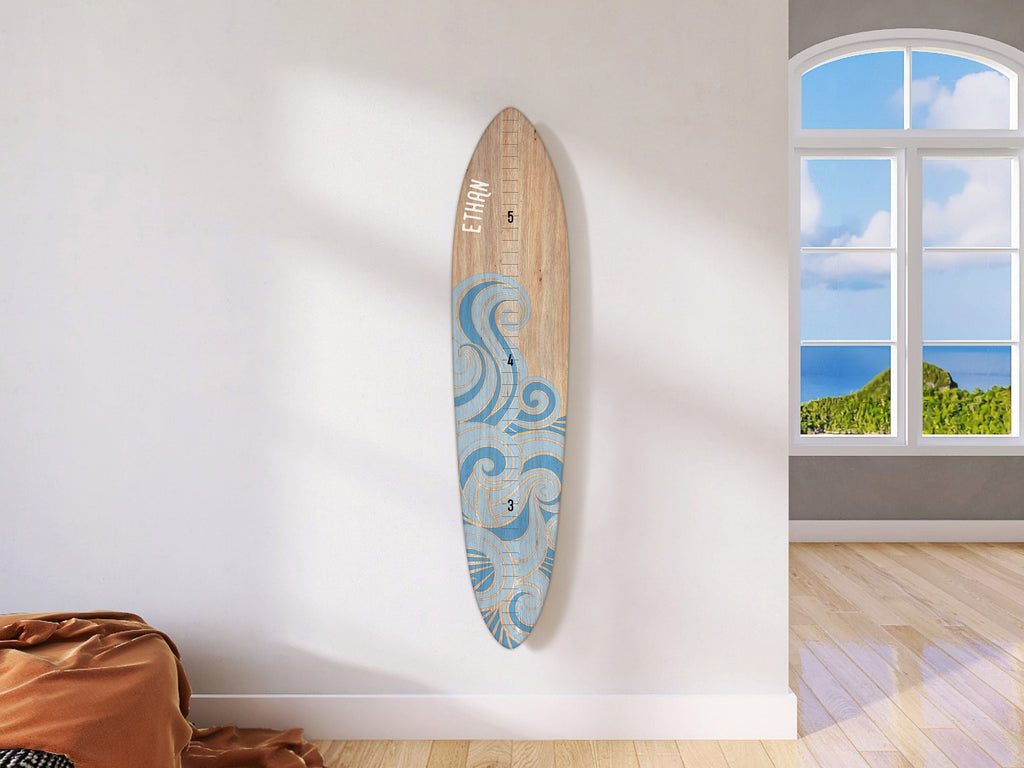 Seaside Series Wooden Surfboard Growth Chart Blue Wave | Wooden Height Chart | Ocean Themed Nursery |Surfboard Art | Surfboard Signs Headwaters Studio 