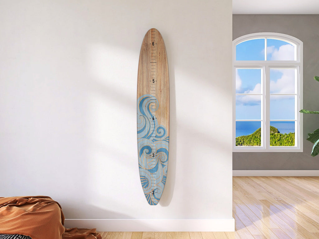 Seaside Series Wooden Surfboard Growth Chart Blue Wave | Wooden Height Chart | Ocean Themed Nursery |Surfboard Art | Surfboard Signs Headwaters Studio 