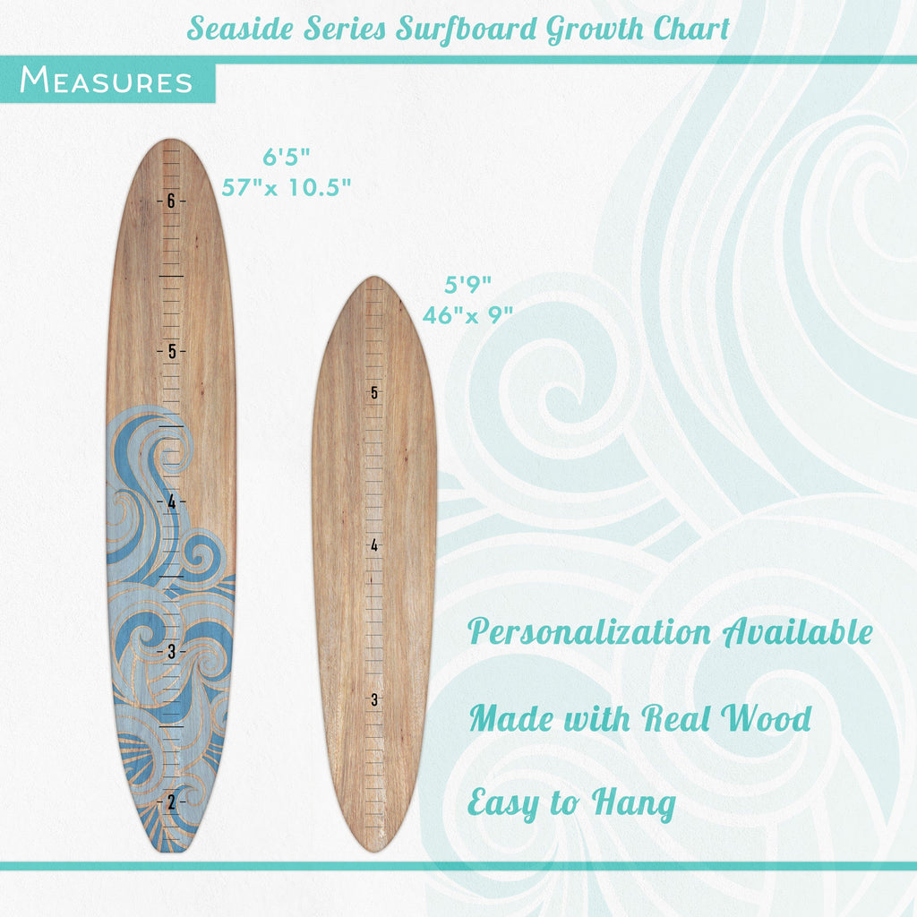 Seaside Series Surfboard Growth Chart Etched Wave | Wooden Height Chart | Ocean Themed Nursery | Longboard Height Chart | Surfboard Signs Headwaters Studio 