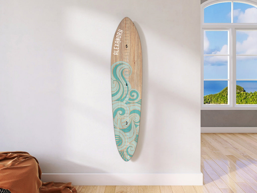 Seaside Series Surfboard Growth Chart Teal Wave | Wooden Height Chart | Ocean Themed Nursery | Longboard Height Chart | Surfboard Signs Headwaters Studio 