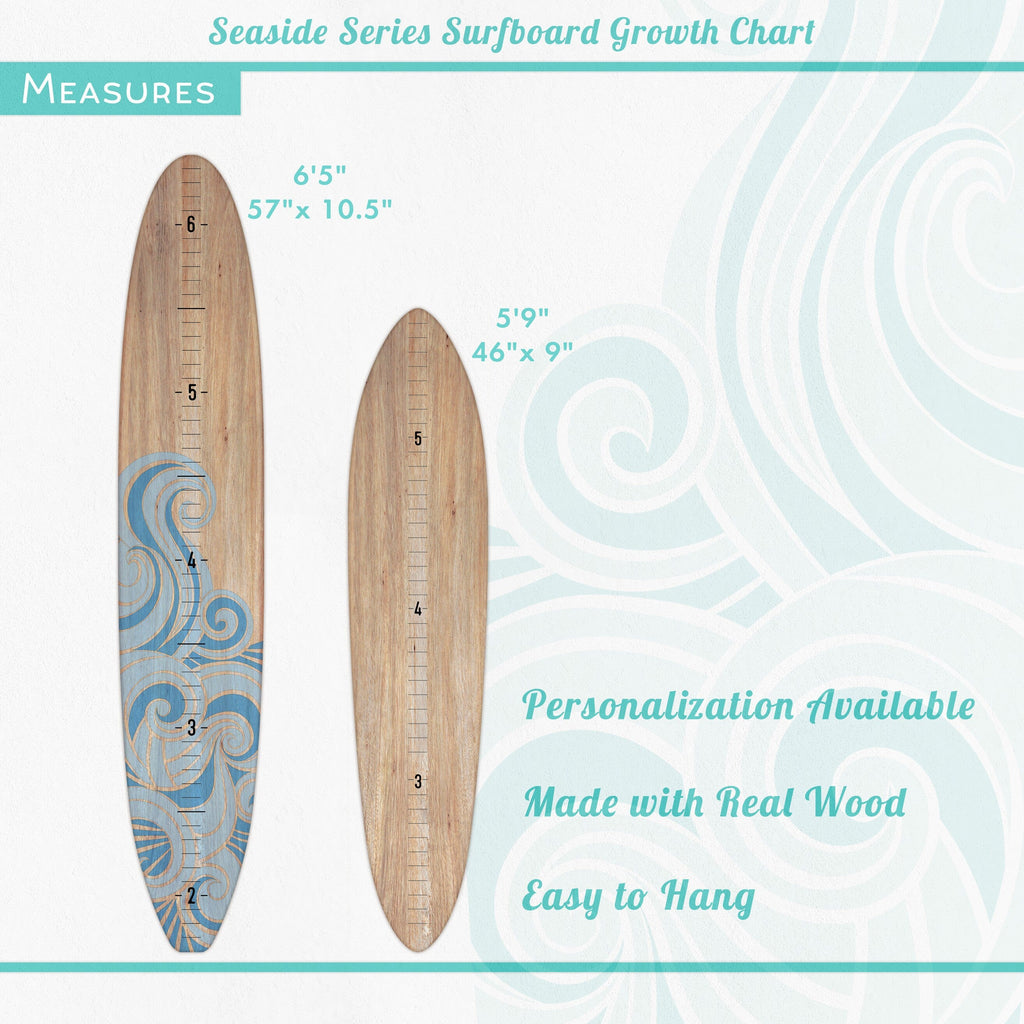 Seaside Series Wooden Surfboard Growth Chart Blue Wave | Wooden Height Chart | Ocean Themed Nursery |Surfboard Art | Surfboard Signs Headwaters Studio 