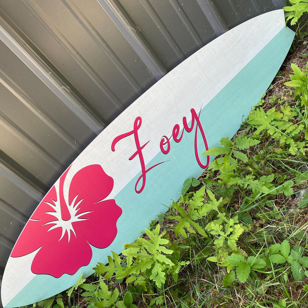 Hibiscus Surfboard Name Sign for Nursery or Children's Room | Nursery Decor | Teen Room | Beach Ocean Themed Nursery Kids Room Headwaters Studio 