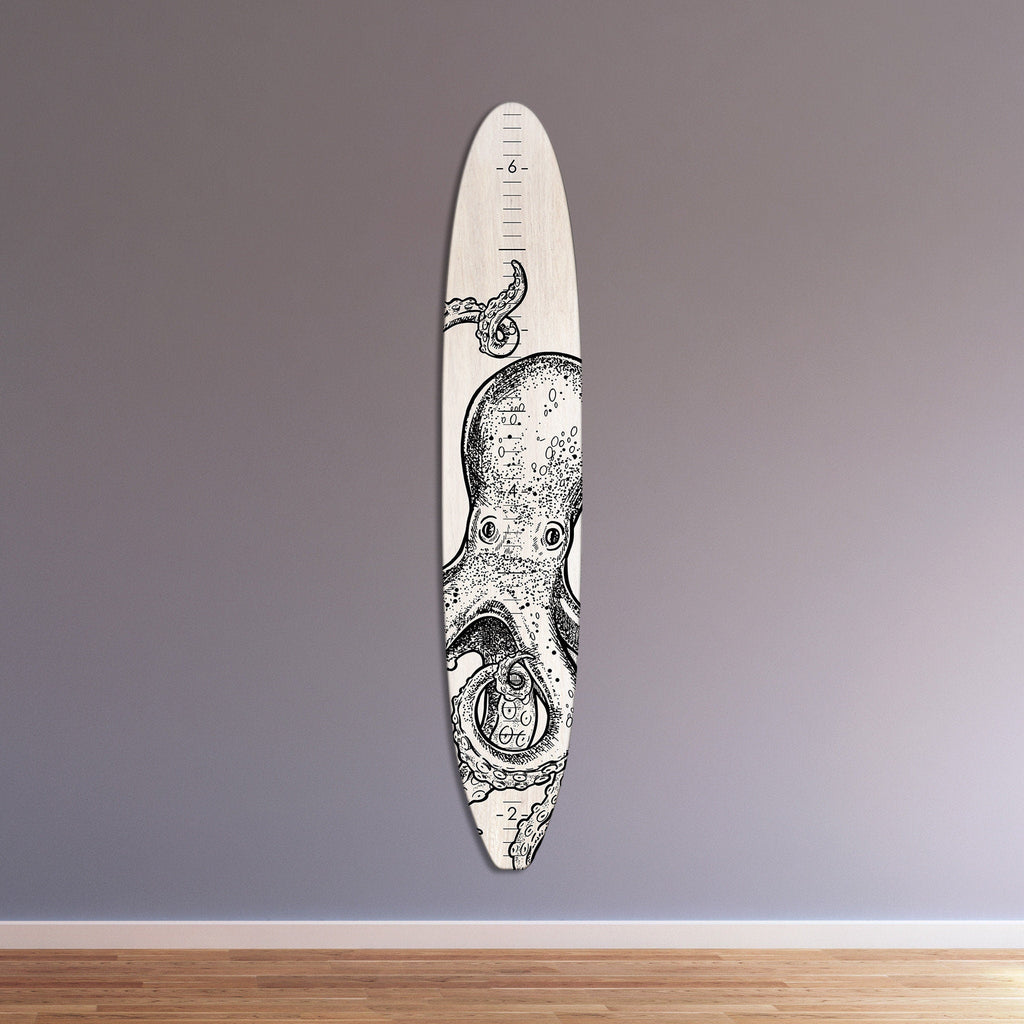 The White Washed Beach Wood Longboard Surfboard Growth Chart Collection | Ocean Themed Nursery | Beach Decor | Surfboard Sign Height Chart Headwaters Studio WW Octopus Growth Chart w/Name 