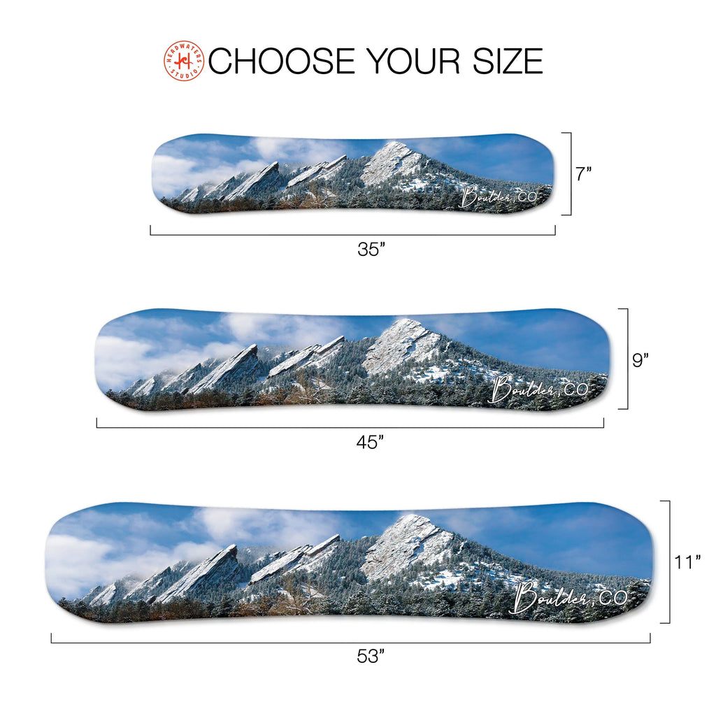 Flatirons Mountain Boulder Snowboard Print | Housewarming Gift | Snowboard Wall Décor | Colorado Skiing | Colorado Ski Resort Condo Headwaters Studio 